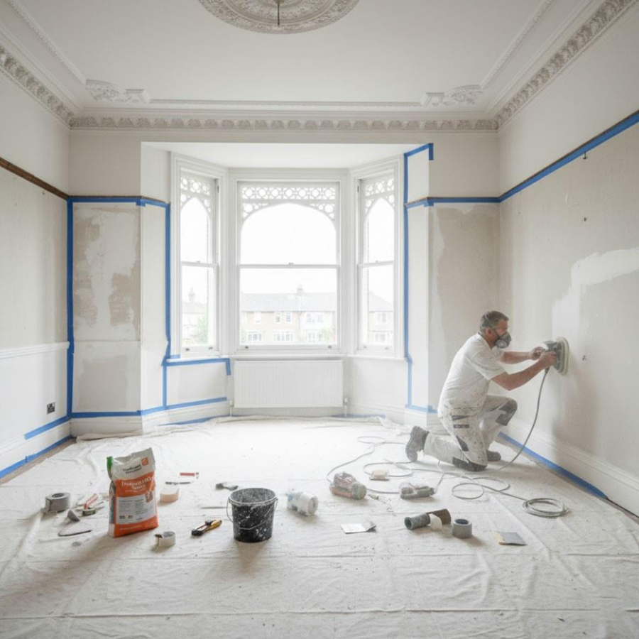 A man in protective gear is sanding a wall in a room undergoing painting. The room is in the process of being refurbished, with protective blue tape outlining the painted areas.