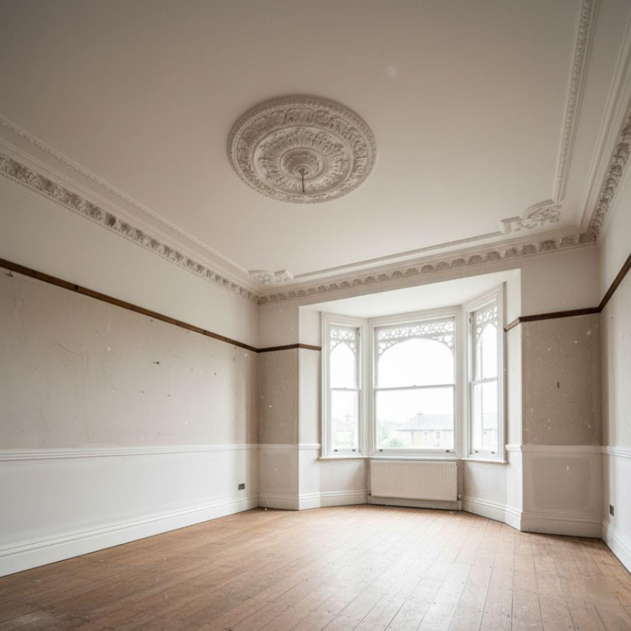 A freshly painted room with elegant white walls and a beautifully designed ceiling featuring intricate plasterwork. The room is spacious, with a bay window letting in natural light.