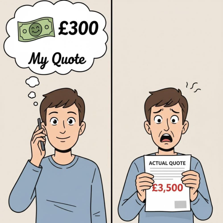 A cartoon character looks shocked while holding an actual quote of £3,500 after expecting a £300 price for a painting job.